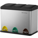 ÚJRACSOMAGOLT TERMÉK: SONGMICS Rozsdamentes acél szemetes 3 szelektív gyűjtőrekesszel, belső vödrökkel, 3x15 literes, ezüst és fekete