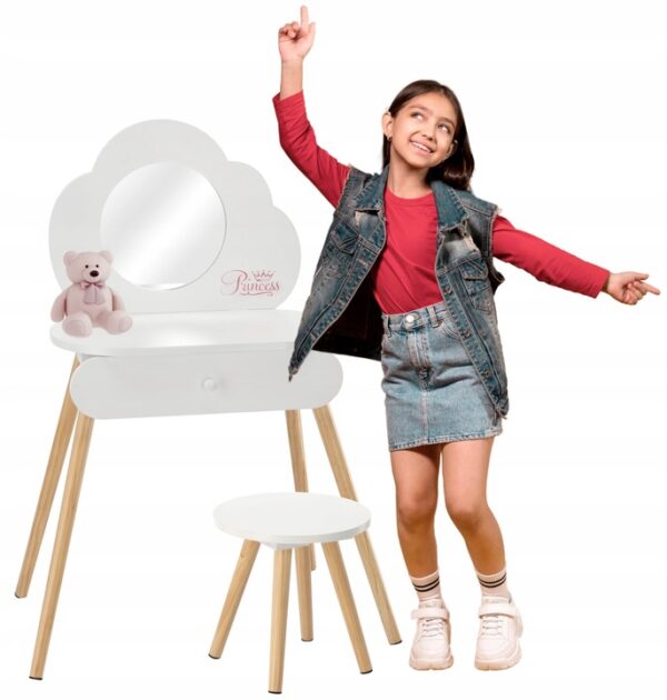 Set Masa de toaleta pentru copii Princess, alba, cu oglinda si taburet, 55x30x111cm - Image 2