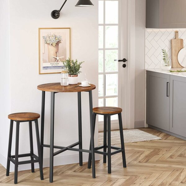 VASAGLE Set 2 scaune bar inalte, sezut rotund, cadru din otel, inaltime 65 cm, stil industrial, maro rustic si negru - Image 2