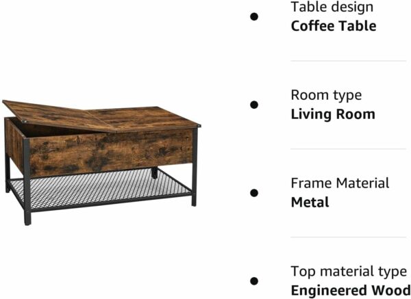 VASAGLE Dohányzóasztal lehajtható fedéllel, rejtett tárolórekesszel és hálós polccal, ipari, 100x55x47cm, rusztikus barna és fekete - Image 10
