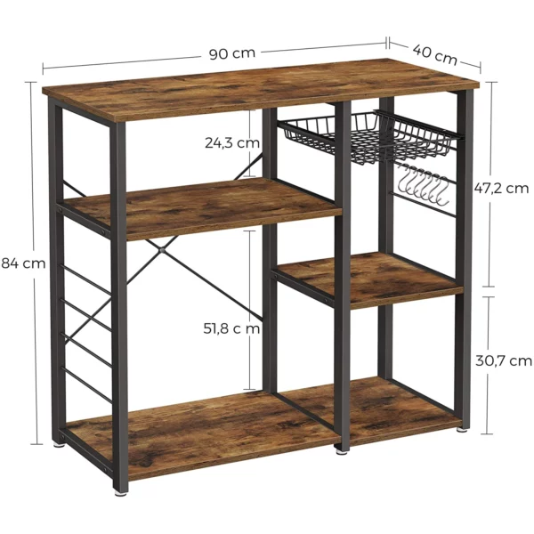 (DL) VASAGLE Raft de bucatarie, suport pentru cuptorul cu microunde, cos de sarma, 6 carlige S, 90x40x84cm, maro rustic - Image 10