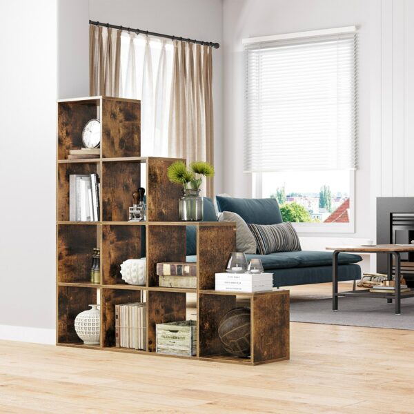 VASAGLE Biblioteca cu 10 compartimente, unitate de depozitare pentru decoratiuni, din lemn, 29x129x129cm, maro rustic - Image 11