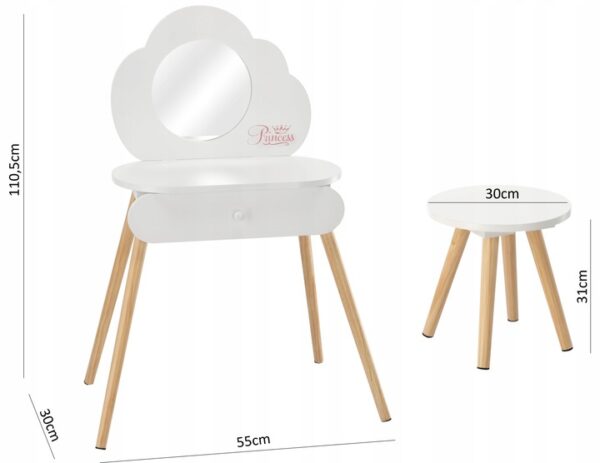 Set Masa de toaleta pentru copii Princess, alba, cu oglinda si taburet, 55x30x111cm - Image 3