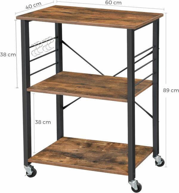VASAGLE Raft de bucatarie pe roti, carucior de servire cu 3 rafturi, cadru metalic, 40x60x89cm design industrial, maro rustic - Image 2