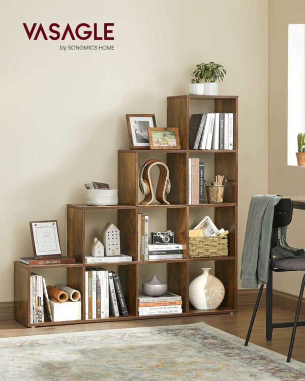 VASAGLE Biblioteca cu 10 compartimente, unitate de depozitare pentru decoratiuni, din lemn, 29x129x129cm, maro rustic - Image 2
