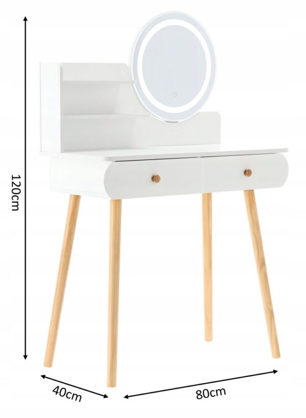 Masa de toaleta si machiaj Siena, iluminare LED, alba, cu 2 sertare, oglinda, 80x40x120 cm - Image 2