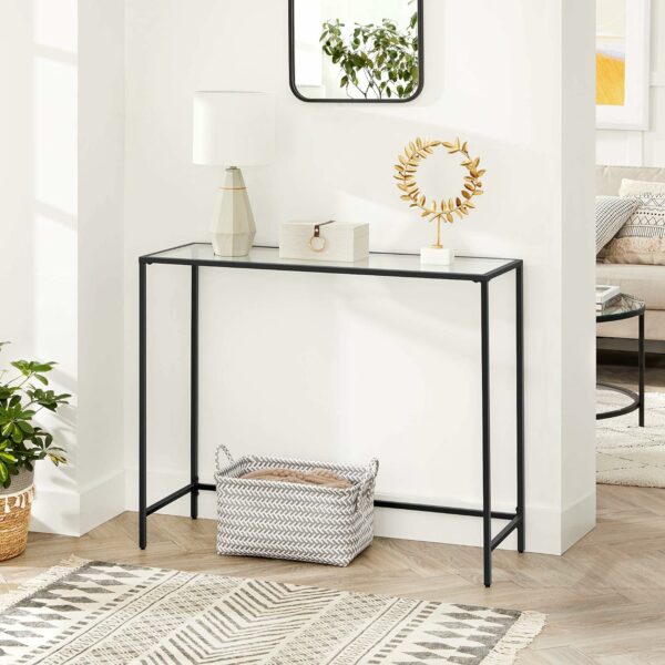 VASAGLE Masa de intrare, blat din sticla securizata, cadru din metal, pentru sufragerie, 100x35x80cm, negru - Image 2