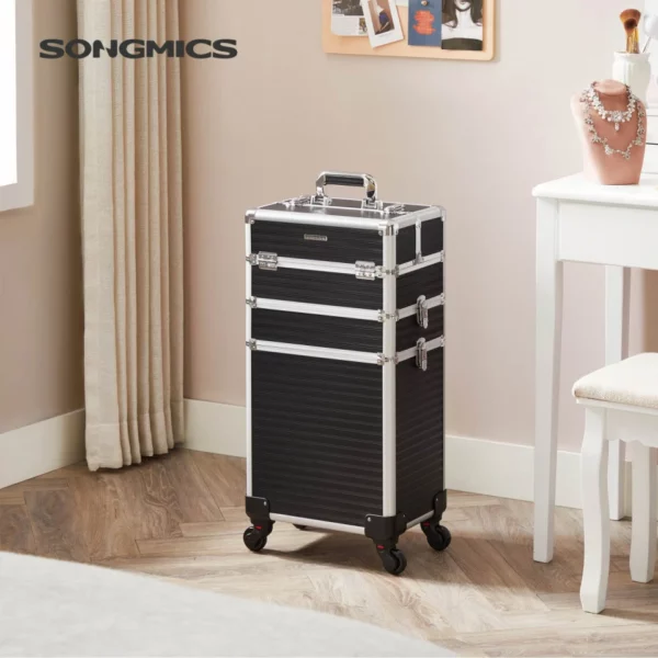 SONGMICS Valiza pentru cosmetice cu roti, profesionala, inchidere cu cheie, 24x34x70cm, negru - Image 2