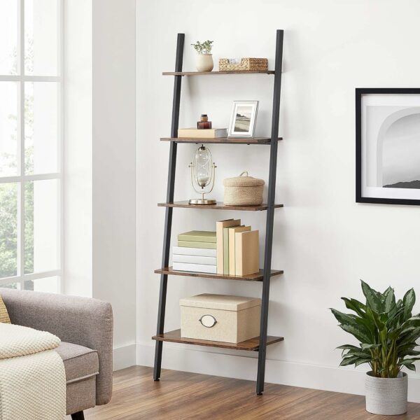 (DL) VASAGLE Raft tip scara, 5 niveluri, din otel, sprijinit de perete, 64x34x186cm, industrial, maro rustic si negru - Image 2