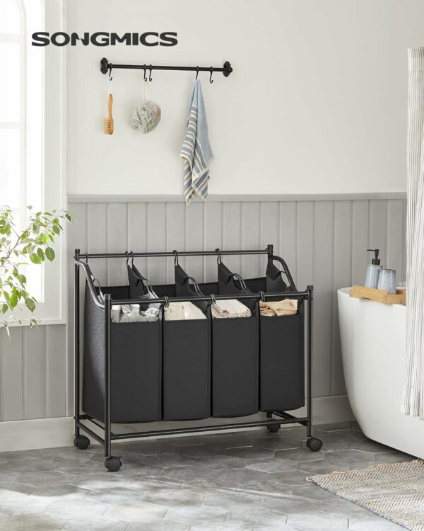 (DL) SONGMICS Cos de rufe cu 4 saci detasabili, structura metalica pe roti, 4x35L, 87x38x81cm, negru - Image 2