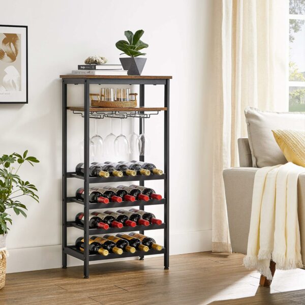 VASAGLE Raft pentru vinuri, capacitate 20 de sticle, cu suport pentru pahare, stil industrial, 50x32x100cm, maro rustic si negru - Image 2