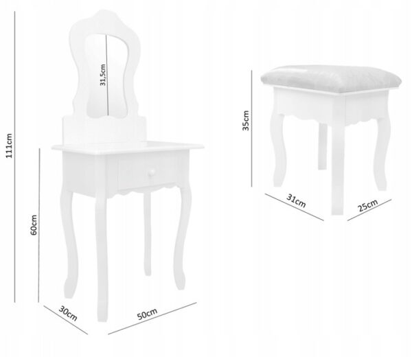 Set Masa de toaleta pentru copii Vintage, alb, cu oglinda si taburet, 50x30x110 cm - Image 3