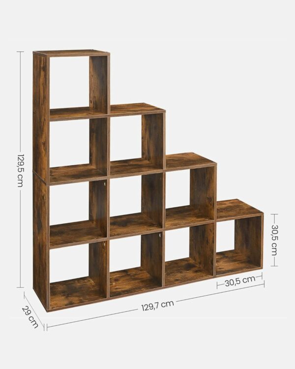 VASAGLE Biblioteca cu 10 compartimente, unitate de depozitare pentru decoratiuni, din lemn, 29x129x129cm, maro rustic - Image 3