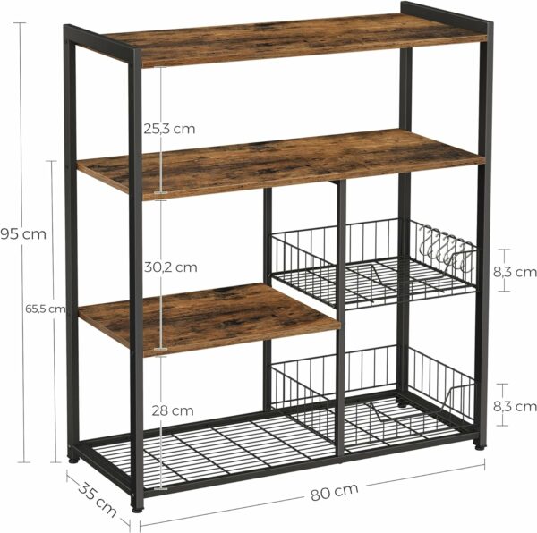 (DL) VASAGLE Raft de bucatarie, suport pentru cuptorul cu microunde, 2 cosuri de sarma, 6 carlige S, 35x80x95cm, maro rustic - Image 3