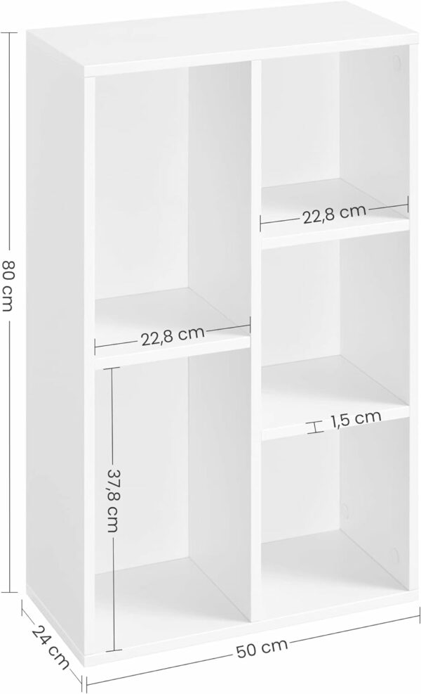 VASAGLE Könyvtár, 5 polccal, nappaliba, fa, 50x24x80cm, fehér - Image 3