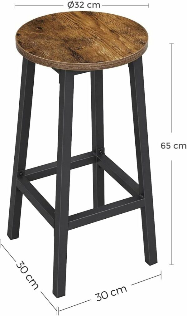 VASAGLE Set 2 scaune bar inalte, sezut rotund, cadru din otel, inaltime 65 cm, stil industrial, maro rustic si negru - Image 3