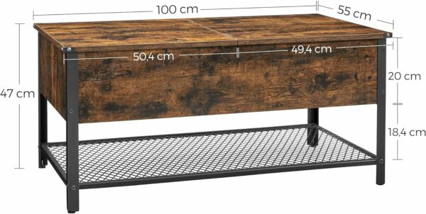 VASAGLE Dohányzóasztal lehajtható fedéllel, rejtett tárolórekesszel és hálós polccal, ipari, 100x55x47cm, rusztikus barna és fekete - Image 3