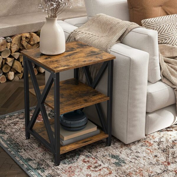 VASAGLE Noptiera mica din metal cu design in forma de X, 2 rafturi de depozitare, stil industrial, 40x40x60cm, maro rustic - Image 3