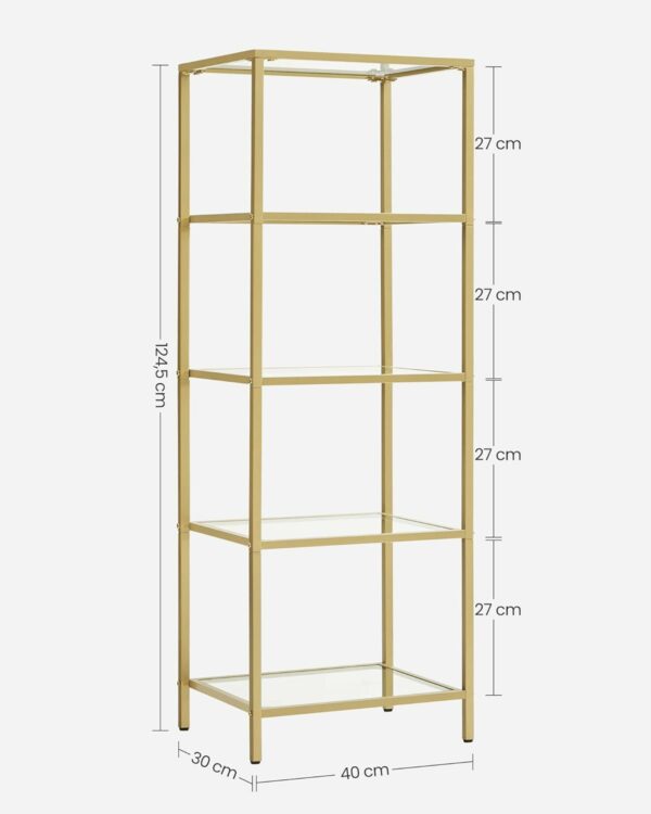 VASAGLE Hálószoba polc, 5 szintes, biztonsági üvegből, acél keret, 30x124x40cm, arany - Image 3