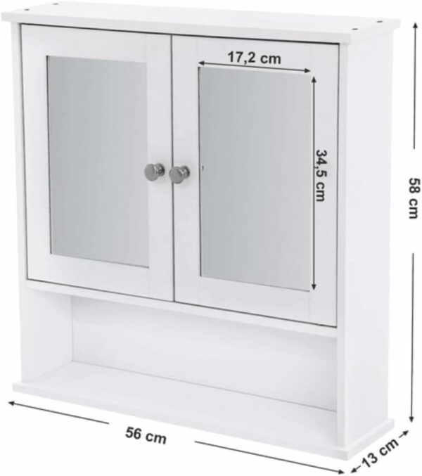 VASAGLE Fali fürdőszoba szekrény tükörrel, 2 ajtós, nyitott rekesszel, állítható polcokkal, 13x56x58cm, fehér - Image 3