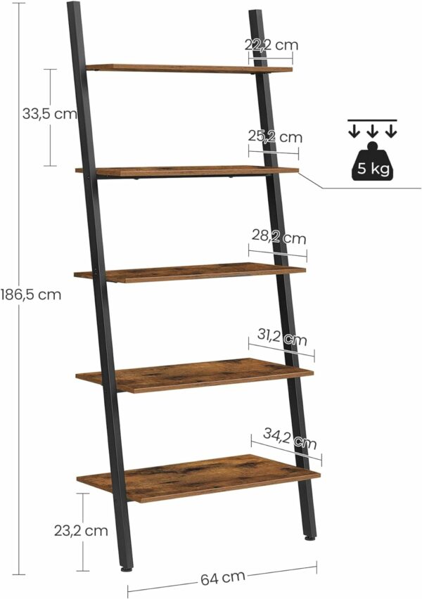 (DL) VASAGLE Raft tip scara, 5 niveluri, din otel, sprijinit de perete, 64x34x186cm, industrial, maro rustic si negru - Image 3
