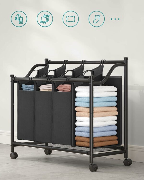 (DL) SONGMICS Cos de rufe cu 4 saci detasabili, structura metalica pe roti, 4x35L, 87x38x81cm, negru - Image 3