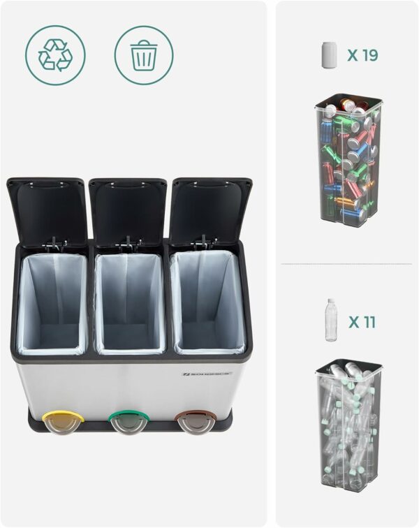 ÚJRACSOMAGOLT TERMÉK: SONGMICS Rozsdamentes acél szemetes 3 szelektív gyűjtőrekesszel, belső vödrökkel, 3x15 literes, ezüst és fekete - Image 7
