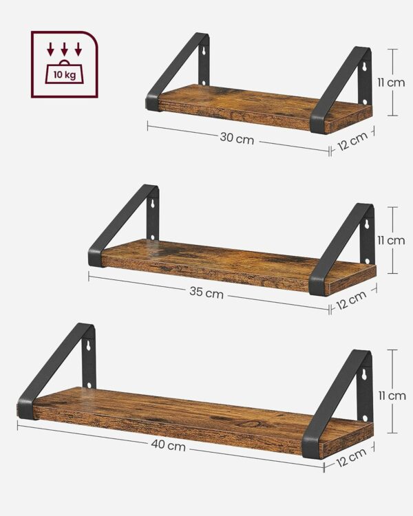 VASAGLE Falipolc, 3 darabos készlet 30cm, 35cm és 40cm, 2 szerelési mód, rusztikus barna és fekete - Image 3