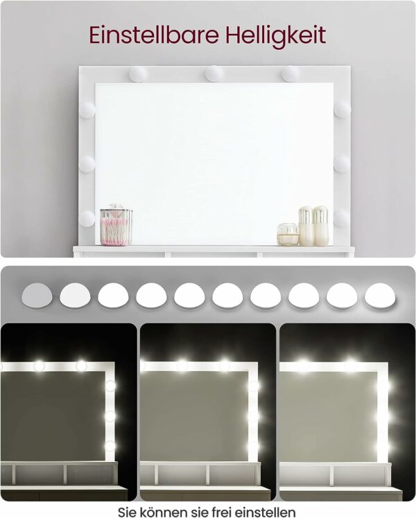 VASAGLE Masa de toaleta cu oglinda, iluminare LED, 2 sertare si 3 compartimente deschise, 80x40x140cm, modern, alb - Image 3