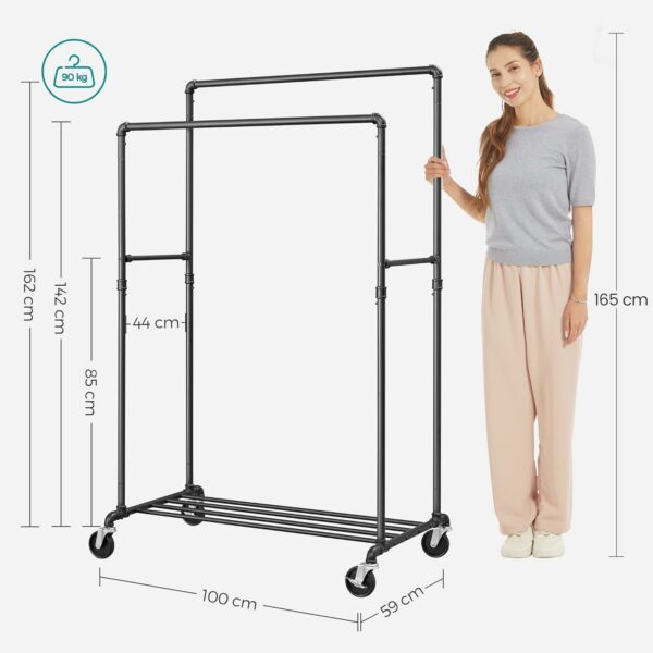 SONGMICS Suport pentru haine, cu raft si sine de agatat duble, cadru metalic, cu roti, 59x100x162cm, industrial, negru - Image 4