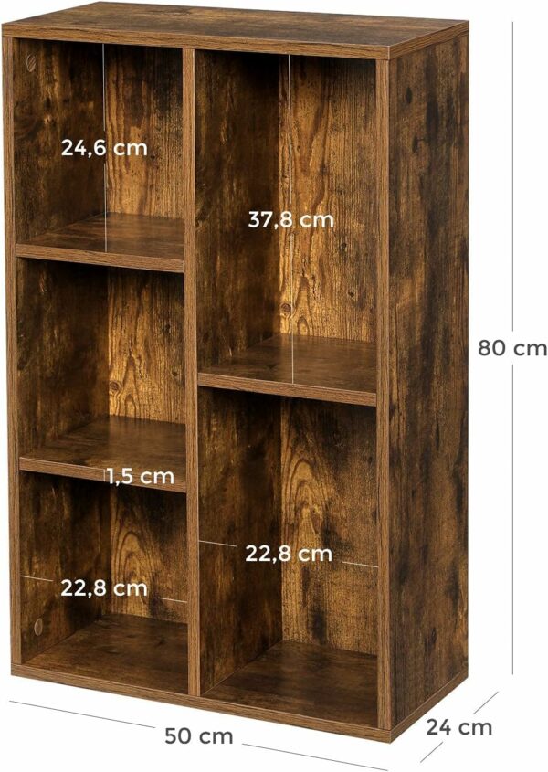 VASAGLE Biblioteca, raft cu 5 unitati de depozitare, pentru living, din lemn, 50x24x80cm, maro rustic - Image 4