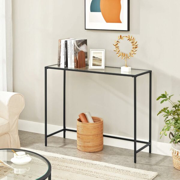 VASAGLE Masa de intrare, blat din sticla securizata, cadru din metal, pentru sufragerie, 100x35x80cm, negru - Image 4
