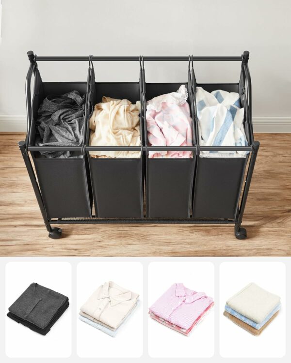 (DL) SONGMICS Cos de rufe cu 4 saci detasabili, structura metalica pe roti, 4x35L, 87x38x81cm, negru - Image 4