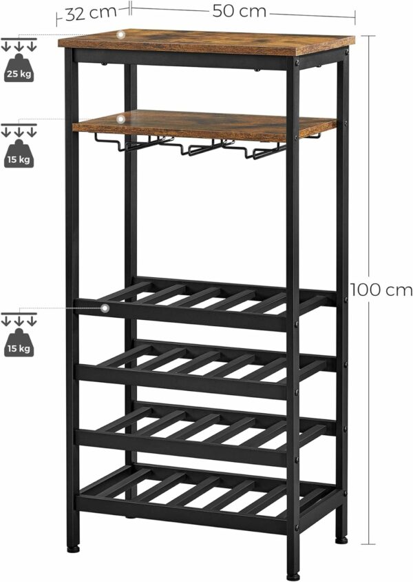 VASAGLE Raft pentru vinuri, capacitate 20 de sticle, cu suport pentru pahare, stil industrial, 50x32x100cm, maro rustic si negru - Image 4