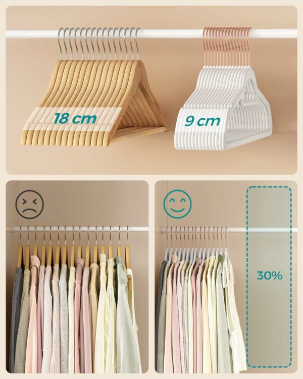 SONGMICS Set de 50 de umerase pentru haine, anti-alunecare cu catifea, bara de cravata si carlig pivotant, 43,5 cm, alb - Image 5