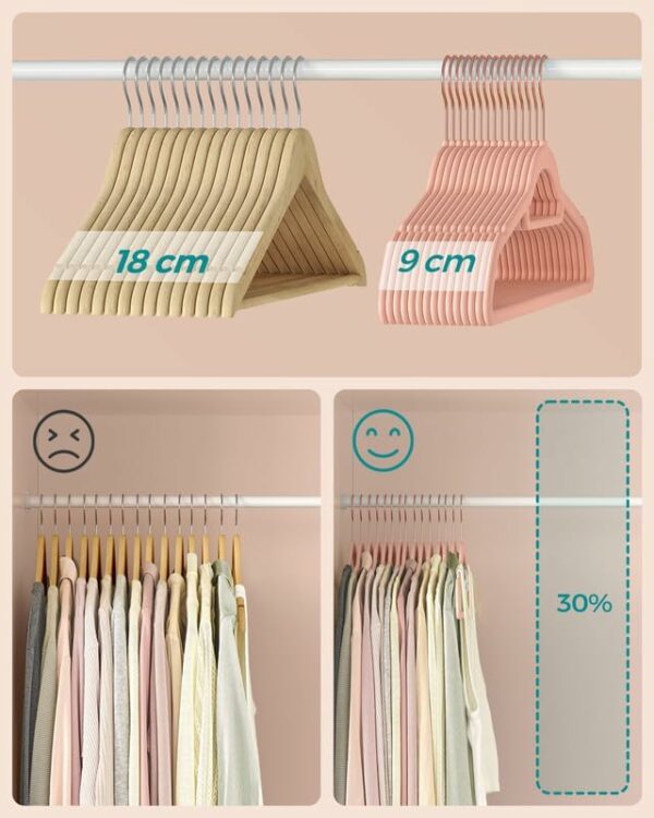 SONGMICS Set de 50 de umerase pentru haine, anti-alunecare cu catifea, bara de cravata si carlig pivotant, 43,5 cm, roz - Image 5