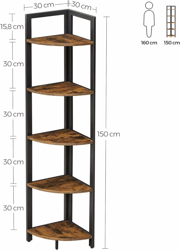 VASAGLE Sarokkönyvespolc 5 szintes, fém kerettel, 150x30x30cm, rusztikus barna és fekete ipari stílusban - Image 5