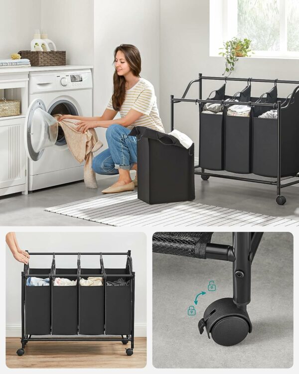 (DL) SONGMICS Cos de rufe cu 4 saci detasabili, structura metalica pe roti, 4x35L, 87x38x81cm, negru - Image 5