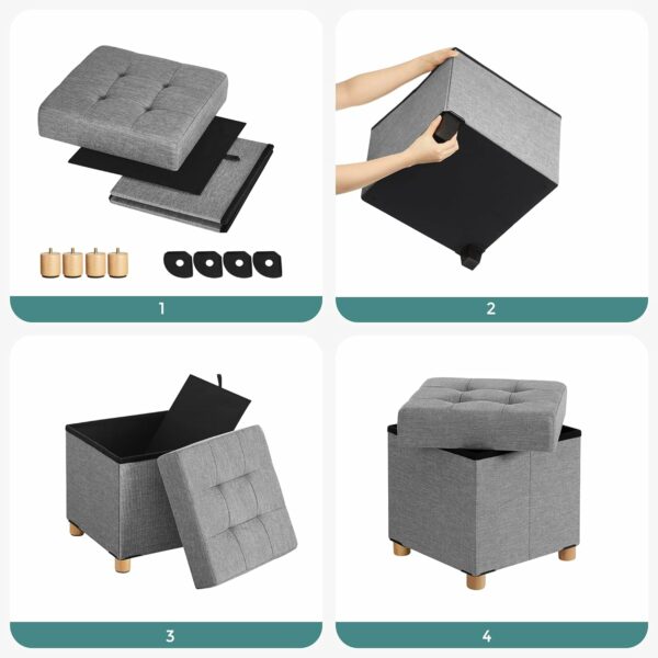 SONGMICS Taburet pliabil cu sezut moale, spatiu de depozitare, maxim 300kg, 38x38x40cm, gri deschis - Image 5