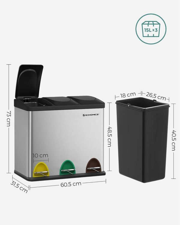 ÚJRACSOMAGOLT TERMÉK: SONGMICS Rozsdamentes acél szemetes 3 szelektív gyűjtőrekesszel, belső vödrökkel, 3x15 literes, ezüst és fekete - Image 9