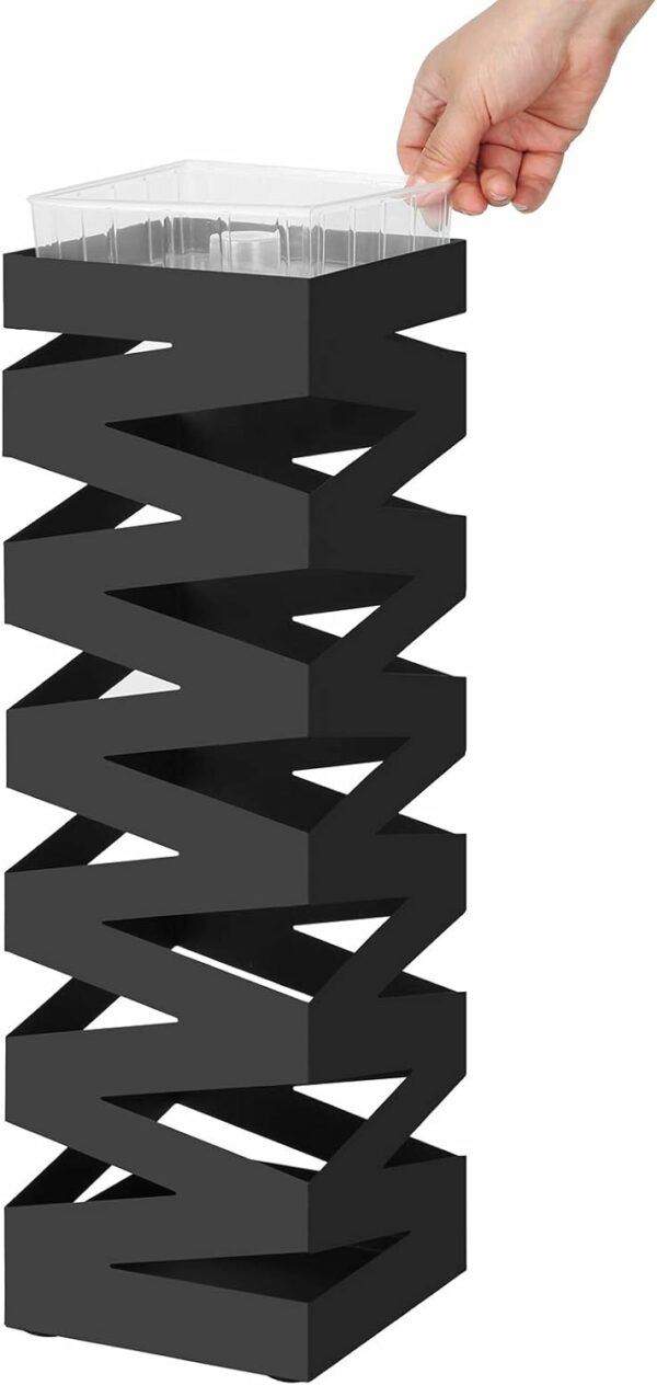 SONGMICS Fém esernyőtartó, akasztókkal és csepptálcával, 15x15x49cm, fekete - Image 5