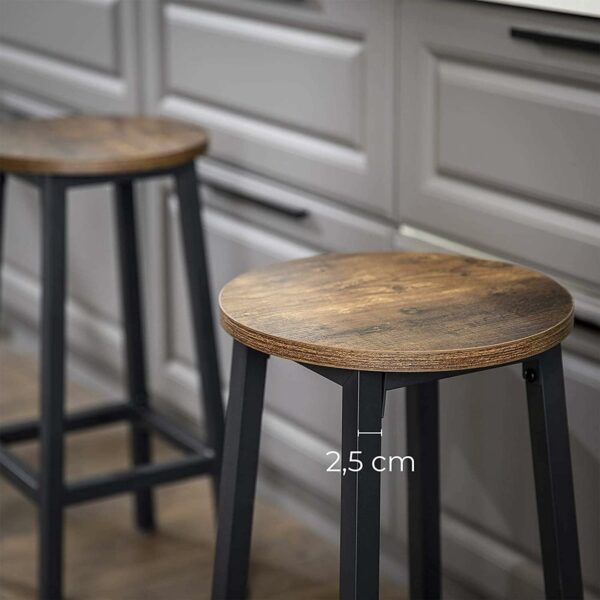 VASAGLE Set 2 scaune bar inalte, sezut rotund, cadru din otel, inaltime 65 cm, stil industrial, maro rustic si negru - Image 6
