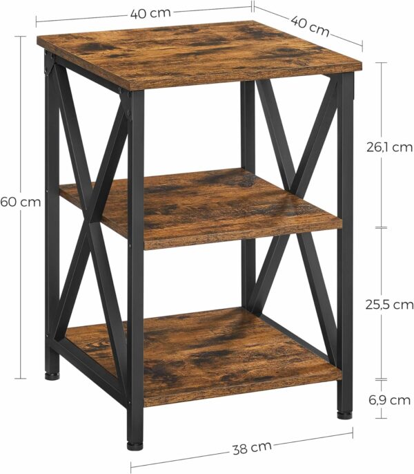 VASAGLE Noptiera mica din metal cu design in forma de X, 2 rafturi de depozitare, stil industrial, 40x40x60cm, maro rustic - Image 6