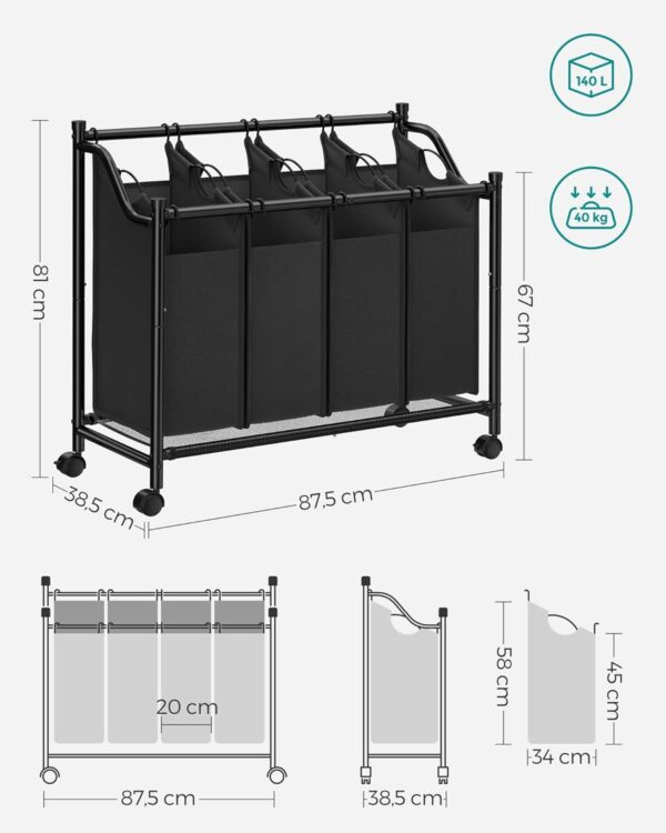 (DL) SONGMICS Cos de rufe cu 4 saci detasabili, structura metalica pe roti, 4x35L, 87x38x81cm, negru - Image 6