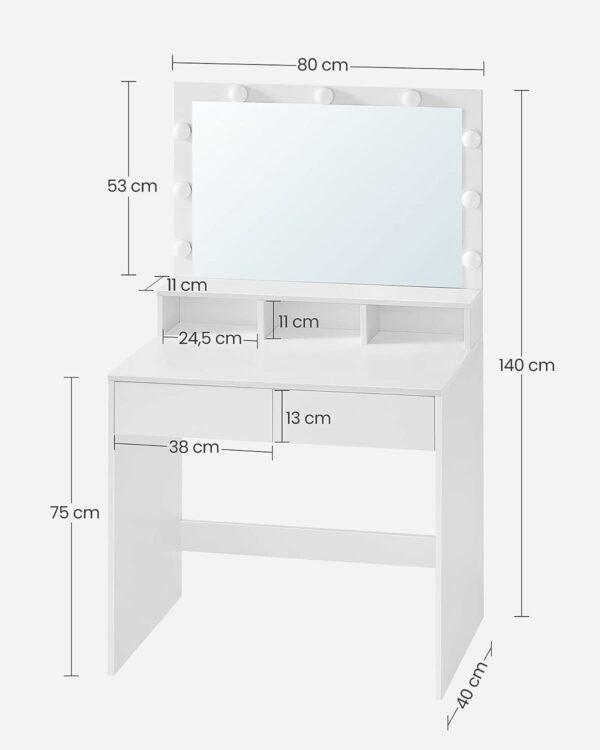 VASAGLE Masa de toaleta cu oglinda, iluminare LED, 2 sertare si 3 compartimente deschise, 80x40x140cm, modern, alb - Image 6
