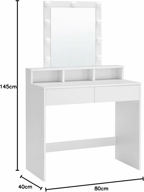VASAGLE Masa de toaleta cu oglinda si becuri, cu 2 sertare si 3 compartimente deschise, 40x80x145cm, modern, alb - Image 7