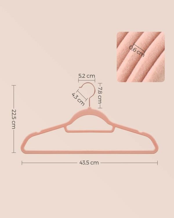 SONGMICS Set de 50 de umerase pentru haine, anti-alunecare cu catifea, bara de cravata si carlig pivotant, 43,5 cm, roz - Image 7