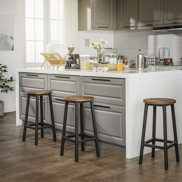 VASAGLE Set 2 scaune bar inalte, sezut rotund, cadru din otel, inaltime 65 cm, stil industrial, maro rustic si negru - Image 7