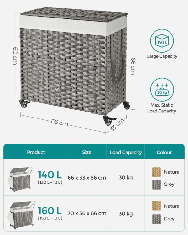 SONGMICS Kézzel szőtt szennyeskosár, kivehető mosható béléssel, 3 rekeszes, rattan stílusú, 140 literes, 66x33x60 cm, szürke - Image 7