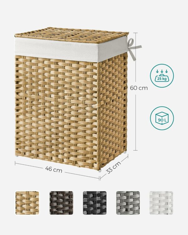SONGMICS Cos de rufe stil ratan, cu captuseala detasabila lavabila, 90 litri, 46x33x60 cm, natural - Image 7